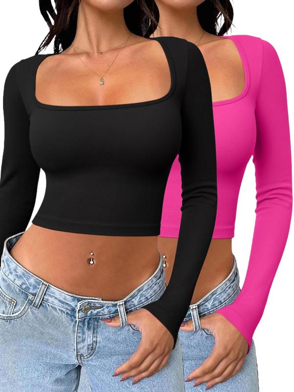 Women's Solid Square Neck  Crop Sports Tee, Sporty Long Sleeve T-shirt for Yoga Gym Workout, Ladies Sportswear for Fall & Winter