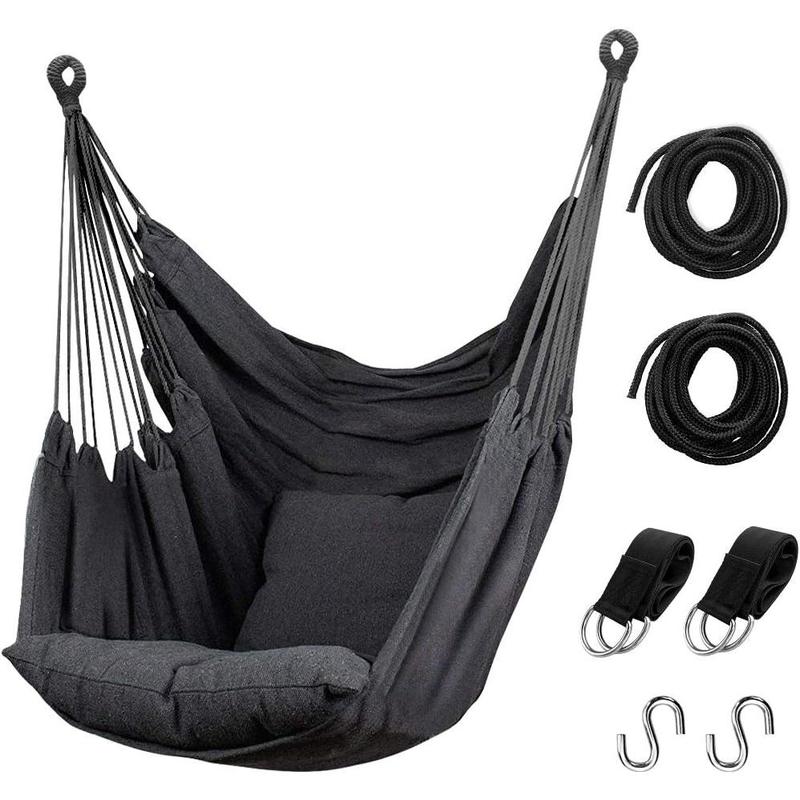 Hammock Chair Hanging Rope Swing, Max 300 Lbs Hanging Chair with Pocket & Durability  for Outdoor, Home, Bedroom, Patio, Yard (Pillows NOT Included,Dark Gray)