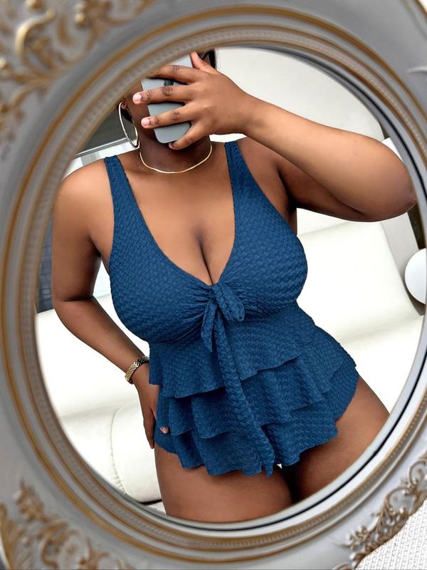 Plus Size Textured Tiered Layer Ruffle Hem Tankini Set, Casual Tie Front Tank Top & Panty Swimsuit Set, Bathing Suits 2024, Summer Tummy Control Swimwear