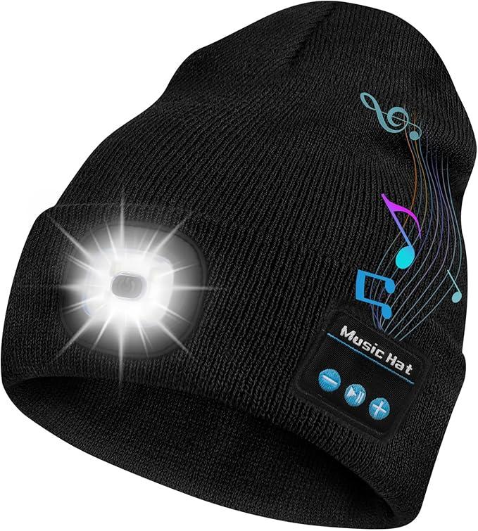 Bluetooth Beanie Hat with Light, Headlamp Cap with Headphones and Built-in Speaker Mic, Gifts for Men Women