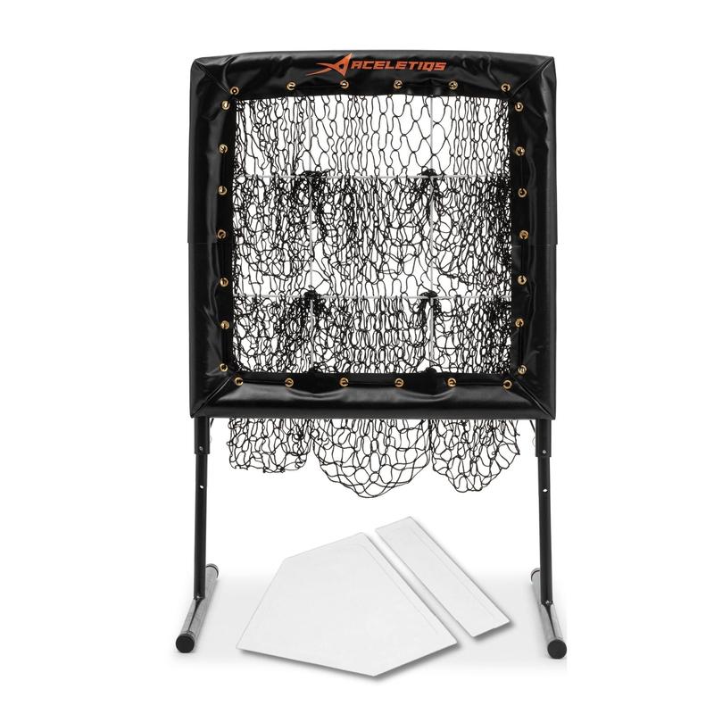 Pitching Net with Strike Zone | Baseball Pitching Trainer | Pitching Aid Net Softball with Strike Zone | Adjustable Height and Portable | Beisbol [Pitching Rubber and Home Base Included]