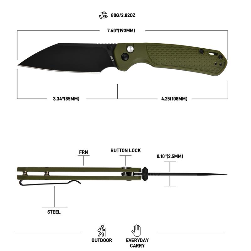 CJRB Pyrite-Light J1945 AR-RPM9 Steel Blade FRN Handle Pocket Knife for Men Outdoor Hiking, Camping, Black PVC Green