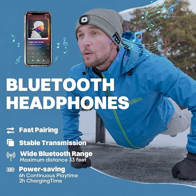 Bluetooth Beanie Hat with Light, Headlamp Cap with Headphones and Built-in Speaker Mic, Gifts for Men Women