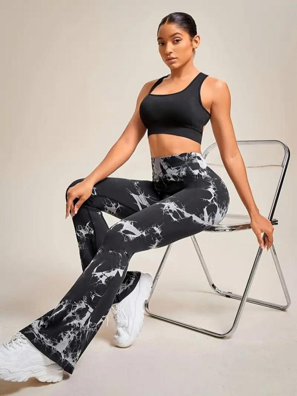 Women's All Over Print Ruched High Waist Sports Flare Leg Leggings, Casual Comfy Breathable Bell Bottom Trousers for Yoga Gym Workout Running, Ladies Sportswear for All Seasons