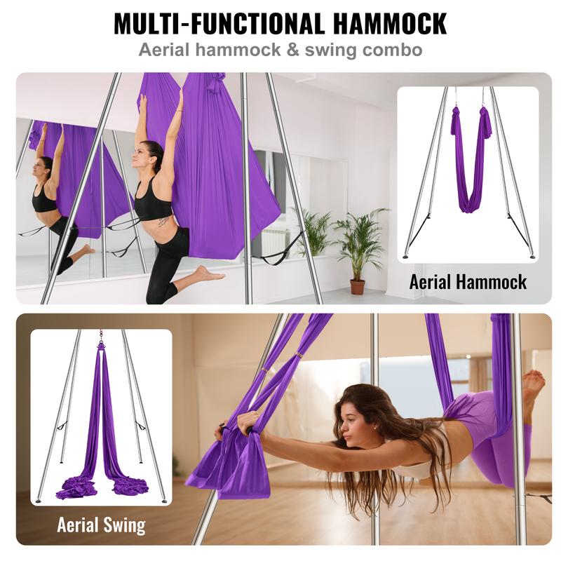 VEVOR Aerial Yoga Frame & Yoga Hammock, 9.67 ft Height Professional Yoga Swing Stand Comes with 13.1 Yards Aerial Hammock, Max 551.15 lbs Load Capacity Yoga Rig for Indoor Outdoor Aerial Yoga, Purple