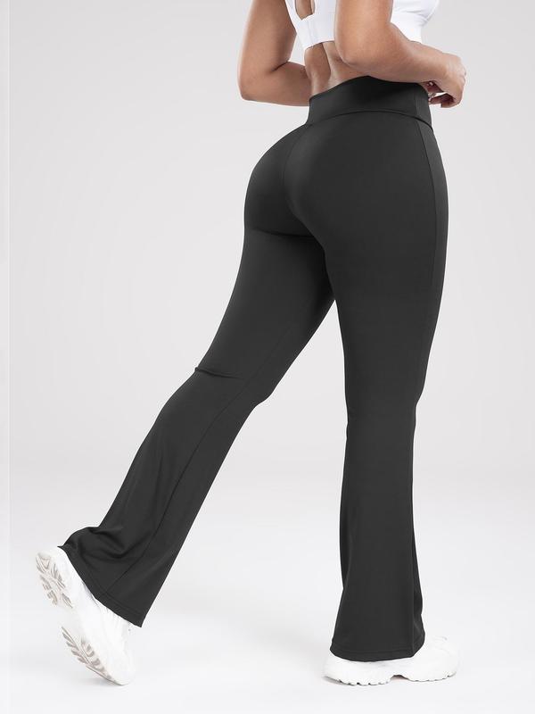 Women's Comfy Solid High Waist Flare Leg Sports Leggings, Casual Overlap Waist Design Bell Bottom Pants for Yoga Gym Workout Running, Breathable Ladies Sportswear for All Seasons, Tummy Control