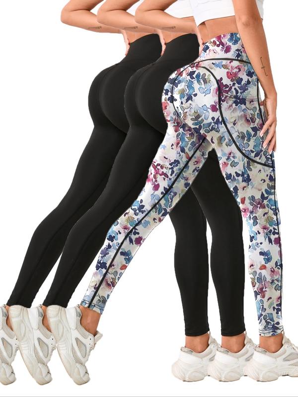 Women's Floral Print Pocket High Waist Sports Leggings, Sporty Comfy Breathable Skinny Pants for Yoga Gym Workout Running, Ladies Sportswear for All Seasons