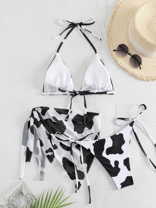 Women's Cow Print Halter Bikinis Set, Boho Triangle Swim Bra & Tie Side Swim Panty & Knotted Skirt for Beach Vacation, Swimsuit for Women, Ladies Summer Bathing Suits 2024