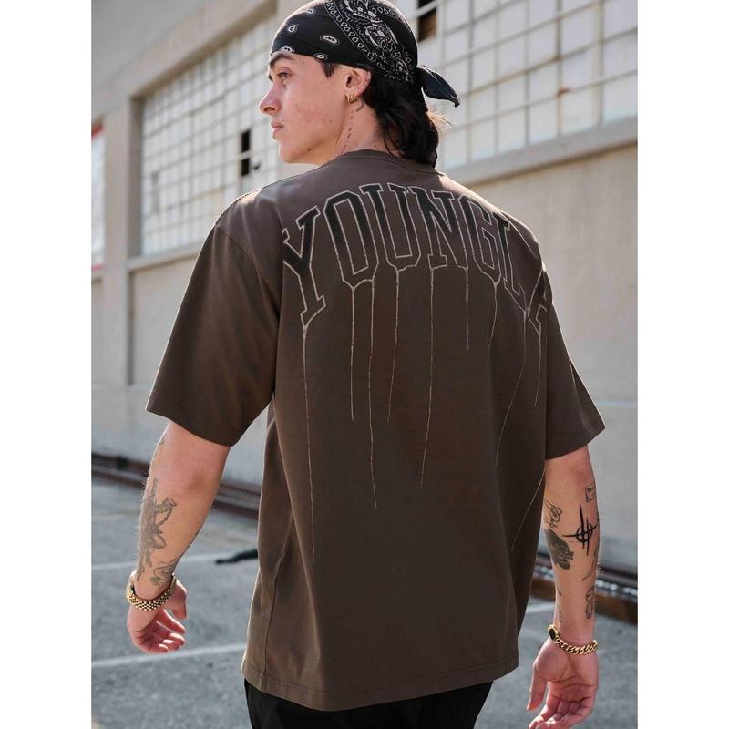 Youngla Men's Oversized T-shirt Cotton round Neck Loose Short Sleeves Gym Sports Fitness T-shirt