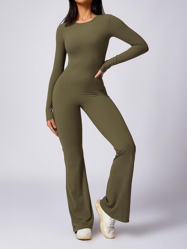 Women's Solid Backless Ruched Sports Tummy Control Jumpsuit, Long Sleeve Round Neck Flare Leg Jumpsuit for Yoga Gym Workout, Ladies Sportswear for All Seasons