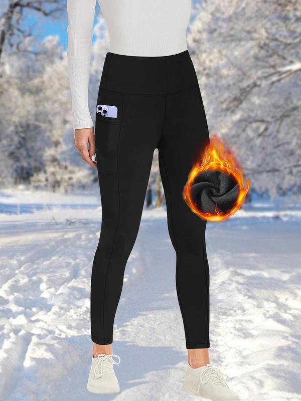 Women's Solid High Waist Thermal Lined Sports Leggings, Casual Comfy Warm Skinny Pants for Yoga Gym Workout Running, Leggings for Women, Ladies Sportswear for Fall & Winter