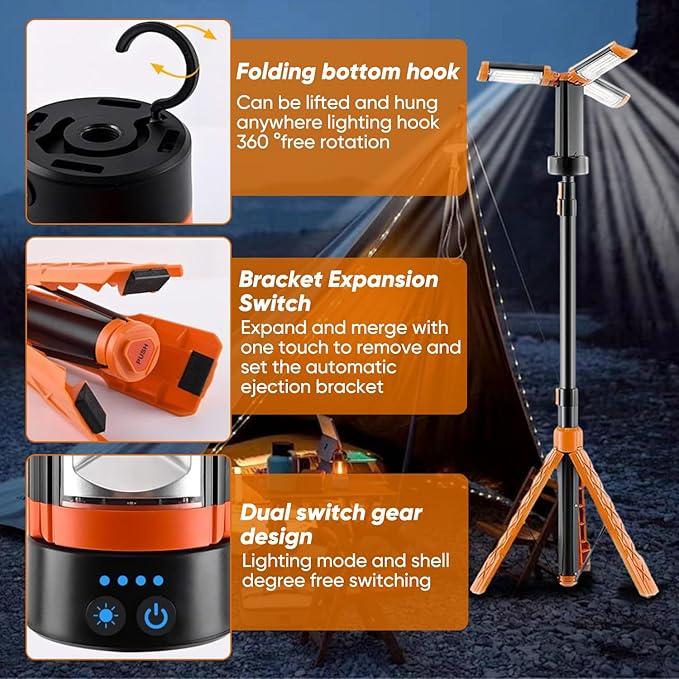 2025 Upgraded Portable Camping Light with Stand, Rechargeable 10000 Mah Camping Light with Stand, Waterproof Tent Lights for Camping, Telescopic Camping Light Stand, Outdoor Camping Light Telescopic for Camping, for Power Outages, Hiking, Fishing