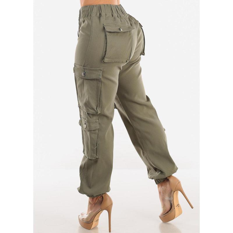 Drawstring Waist Hyper Stretch Cargo Jogger Pants Olive