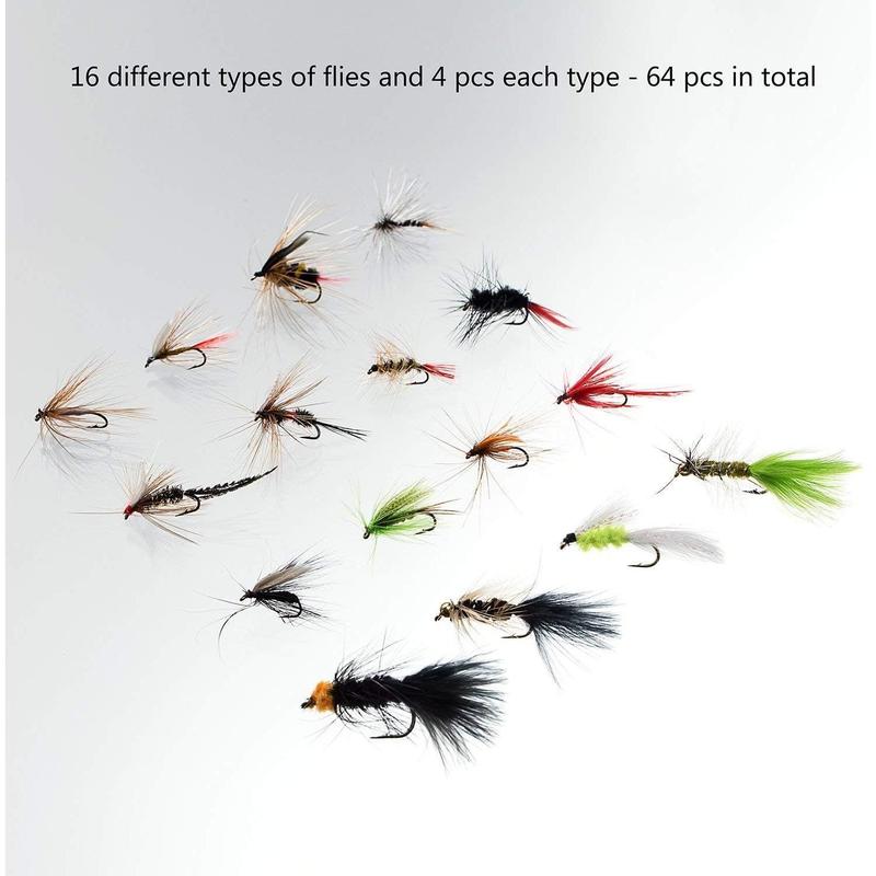 Fly Fishing Flies Kit Fly Assortment Trout Bass Fishing with Fly Box, 36 64 72 76 80 96pcs with Dry Wet Flies, Nymphs, Streamers, Popper