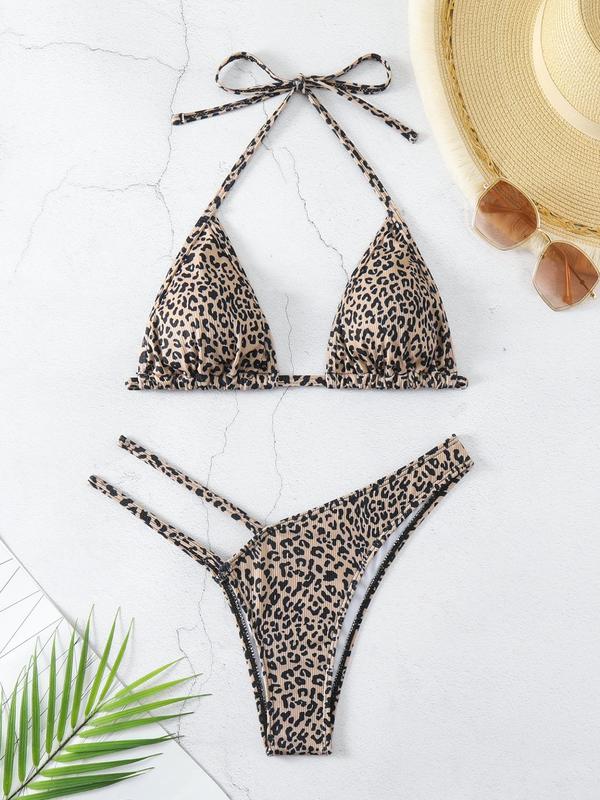 Two-Piece Set Women's Leopard Print Cut Out Tie Back Bikini for Summer, Halter Triangle Swim Top & High Cut Swim Bottom, Bathing Suits 2024 for Women, Sexy Bikinis Set, Swimsuit Sets for Summer Beach Vacation, Swimsuit for Women