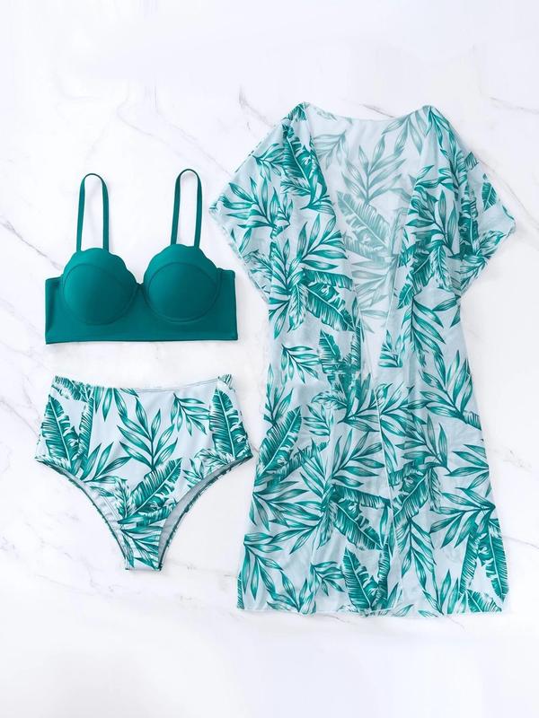 3 Counts Three-Piece Set Women's Leaf Print Swimsuit Set, Boho Spaghetti Strap Push Up Swim Bra & Batwing Sleeve Open Front Cover Up & High Waist Swim Panty, Summer Swimwear