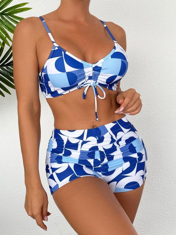 Three-Piece Set Women's Geometric Print Bikini Set, Casual Drawstring Swim Top & Ruched Swim Shorts & Chiffon Cover Up Set, Ladies Swimsuit for Beach Holiday Vacation