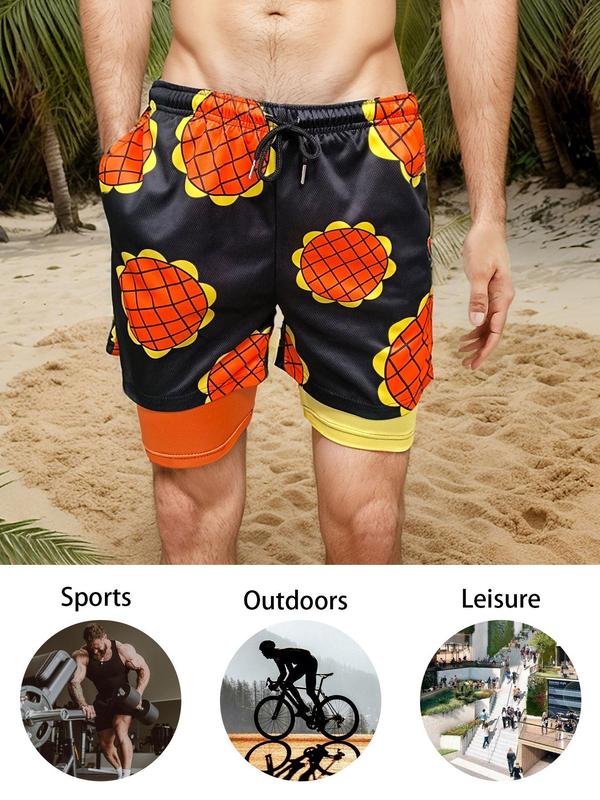 Men's 2 in 1 Floral Print Pocket Sports Shorts, Regular Fit Quick Drying Breathable Shorts for Gym Workout Running, Gym Shorts, Casual Men's Sportswear for Summer