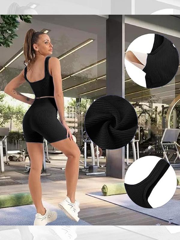 Women's Solid Color Backless Crop Tank Top & High Waist Shorts Sports Set, Scoop Neck Sleeveless Top & Skinny Shorts, Ladies Sportswear for Indoor Outdoor Wear