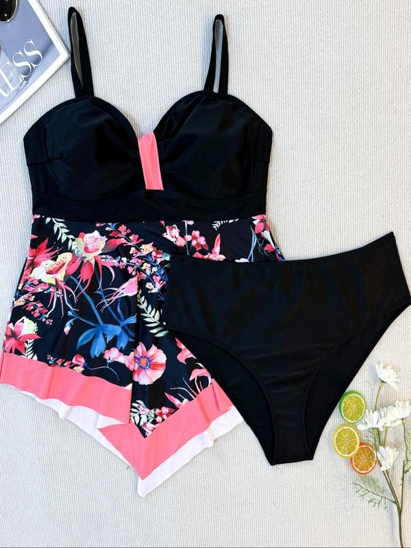  Two-Piece Set Patchwork Floral Print Tankini Set, Asymmetrical Hem Ruched Swim Cami Top & Swim Bottom, Women's Two-piece Swimsuit for All Seasons