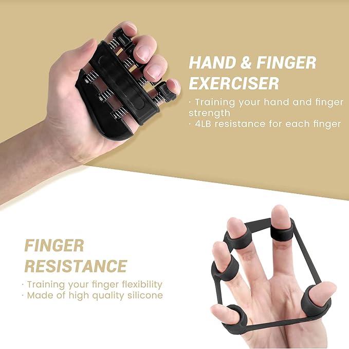 Grip Strength Trainer Kit (5 Pack) for Men and Women - Hand Squeezer, Finger Exerciser, Ring, Ball and Ring Relief - Black