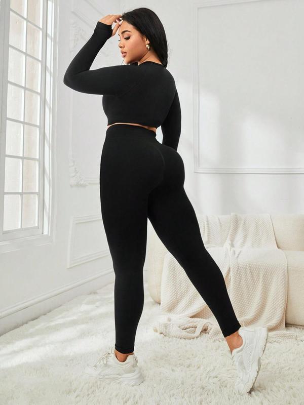 Plus Size Solid Tracksuit Set, Casual Round Neck Crop Top & High Waist Leggings, Women's Sportswear for Spring & Fall, Women Plus Size Sport & Outdoor Clothing, Gym Sets for Women, 2 Piece Sets Women, Workout Sets Women