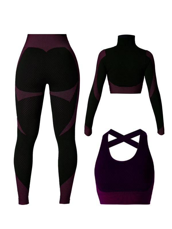 Plus Size Criss Cross Backless Cut Out Sports Bra & Leggings & Zipper Sports Jacket Set, High Neck Long Sleeve Top & Skinny Pants & Bra, Women's Sportswear Outfits for Yoga Gym