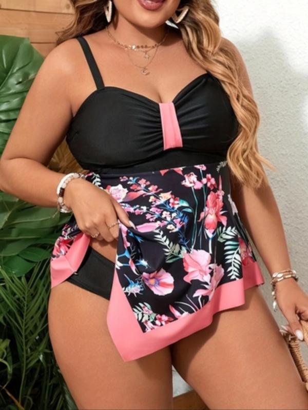  Two-Piece Set Patchwork Floral Print Tankini Set, Asymmetrical Hem Ruched Swim Cami Top & Swim Bottom, Women's Two-piece Swimsuit for All Seasons