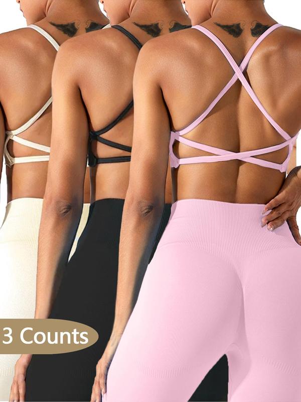 Women's Solid Criss Cross Sports Bra, 2024 New Style Breathable Comfortable High Stretch Sports Lingerie Top, Ladies Sportswear for Indoor Outdoor Wear