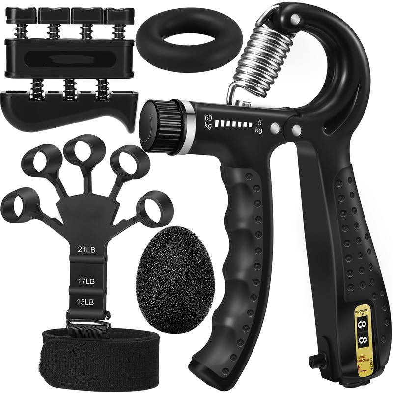 5pcs Hand Grip Strengthener Set - Includes R-Shaped Exerciser, Finger Trainer, Stretching Band, Grip Ball & Ring for Daily Workouts and Relax - Durable ABS, Black