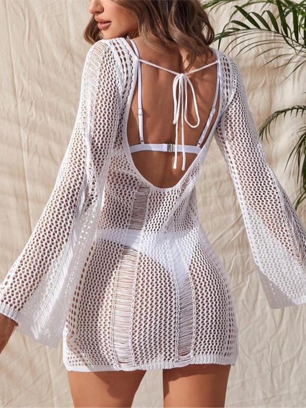 Women's Plain Crochet Hollow Out Tie Back Backless Cover Up, Casual Long Sleeve V Neck Top for Summer Beach Holiday, Women's Clothing