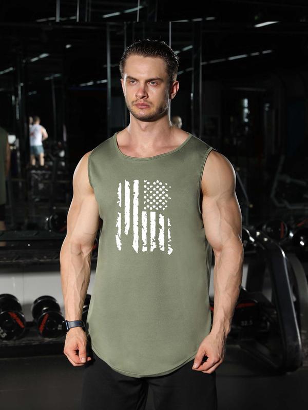 Men's Graphic Round Neck High Low Sports Tank Top, Regular Fit Clothes Crew Neck Sleeveless Top For Gym Workout Running, Casual Sporty Men's Clothes