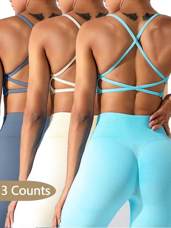 Women's Solid Criss Cross Sports Bra, 2024 New Style Breathable Comfortable High Stretch Sports Lingerie Top, Ladies Sportswear for Indoor Outdoor Wear