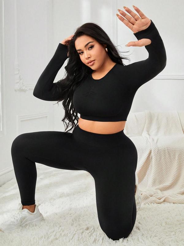 Plus Size Solid Tracksuit Set, Casual Round Neck Crop Top & High Waist Leggings, Women's Sportswear for Spring & Fall, Women Plus Size Sport & Outdoor Clothing, Gym Sets for Women, 2 Piece Sets Women, Workout Sets Women