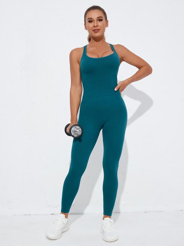 Women's Solid Criss Cross Backless Sports Tank Jumpsuit, Sporty Sleeveless Jumpsuit for Yoga Gym Workout, Ladies Sportswear for Summer Exercise