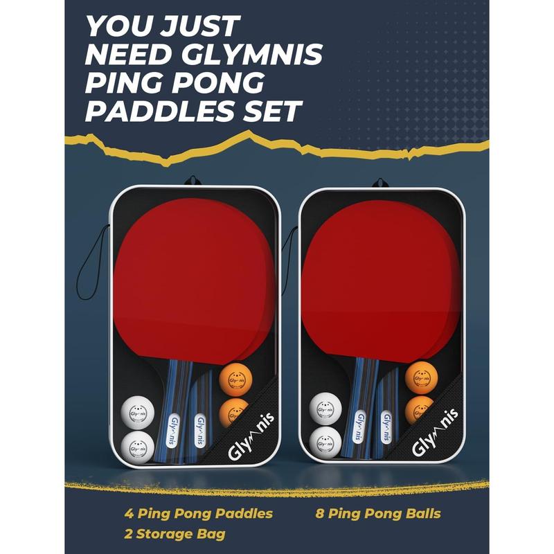 Glymni Ping Pong Paddles Set Table Tennis Rackets with Balls, Storage Case for Indoor Outdoor Table Tennis Paddle Game Accessories