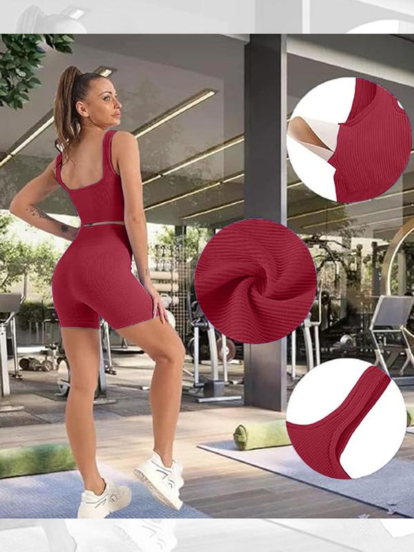 Women's Solid Color Backless Crop Tank Top & High Waist Shorts Sports Set, Scoop Neck Sleeveless Top & Skinny Shorts, Ladies Sportswear for Indoor Outdoor Wear