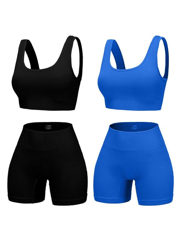 Women's Solid Color Backless Crop Tank Top & High Waist Shorts Sports Set, Scoop Neck Sleeveless Top & Skinny Shorts, Ladies Sportswear for Indoor Outdoor Wear