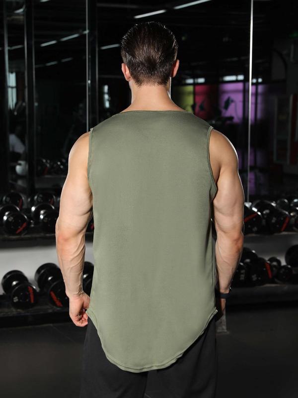 Men's Graphic Round Neck High Low Sports Tank Top, Regular Fit Clothes Crew Neck Sleeveless Top For Gym Workout Running, Casual Sporty Men's Clothes