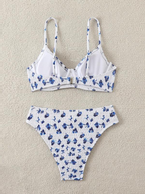 Women's Ditsy Floral Print Shirred Bikini Set, Boho Fashion Triangle Bra & Panty Swimwear Set for Beach Holiday Vacation, Ladies Summer Clothes