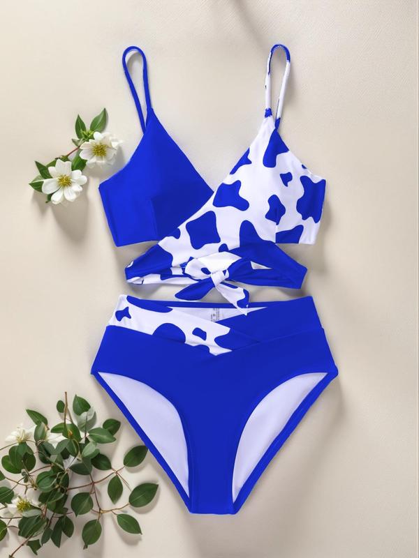 Two-piece Set Women's Colorblock Cow Print Criss Cross Wrap Bikini, Casual Knot Back Swim Top & Swim Bottom, Summer Clothes, Summer Swimwear for Vacation Holiday Beach, Ladies Back To School Bikini Sets, Bathing Suits Women