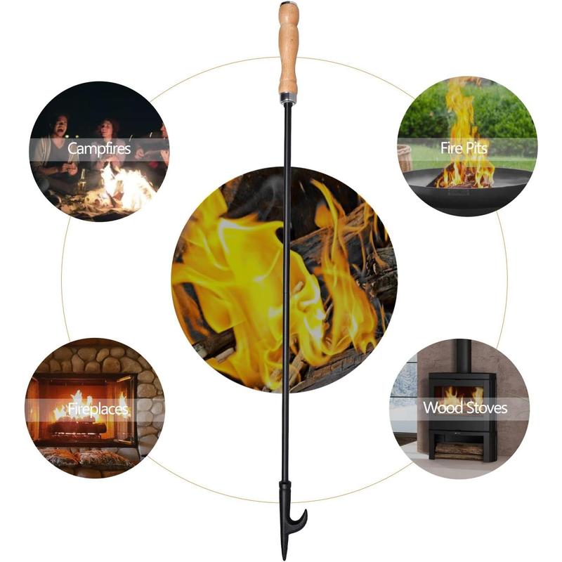 Heavy Duty 32” Long Fireplace Fire Pit Campfire Poker Stick and 26” Fireplace Tongs Tool Sets, Log Grabber, Rust Resistant Black Finish Camping Fireplace Tools for Indoor Outdoor