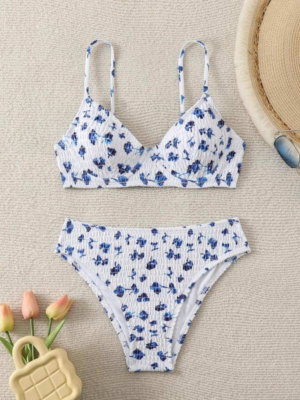 Women's Ditsy Floral Print Shirred Bikini Set, Boho Fashion Triangle Bra & Panty Swimwear Set for Beach Holiday Vacation, Ladies Summer Clothes