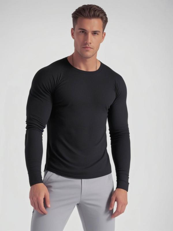 Men's Solid Round Neck Raglan Sleeve Sports Tee, Fall Outfits, Fallfreshness Quick Drying Breathable Long Sleeve T-shirt for Gym Workout Running, Men's Sportswear for Fall & Winter, Athletic Clothes