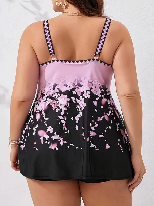 Plus Size Floral Print O-ring Tankini Set, Casual Adjustable Strap Swim Top & Solid Swim Shorts, Women's Two-piece Swimsuit for Summer Beach Holiday Vacation