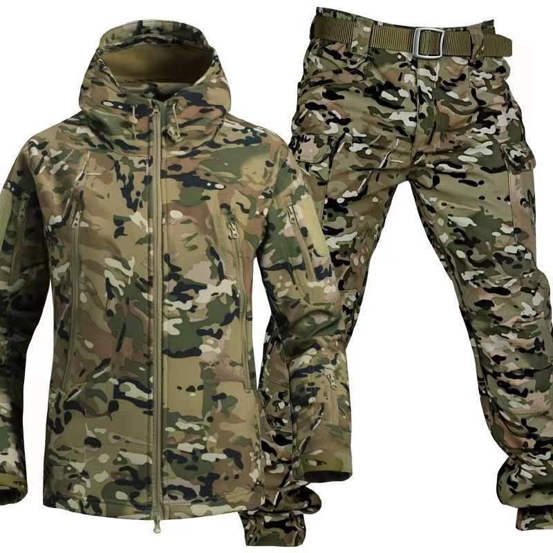 Men's Camo Sharkskin Jacket & Fleece-inedPants Set -Windproof, Waterproof, Warm Hooded Outfit for Hiking, Hunting & Outdoor Adventures