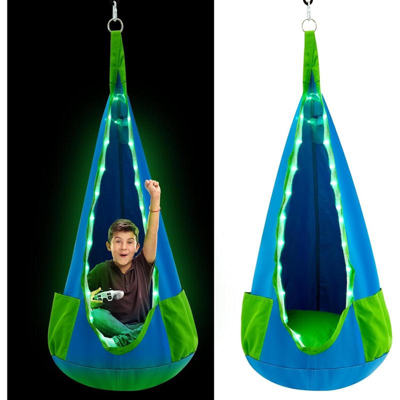 Swing Seat Hanging Hammock Swing with LED Lights Pod Swing Hanging Chair with Inflatable Pillow Swing Hammock Chair for Bedroom Indoor Outdoor  Max 100 Lbs (Blue)