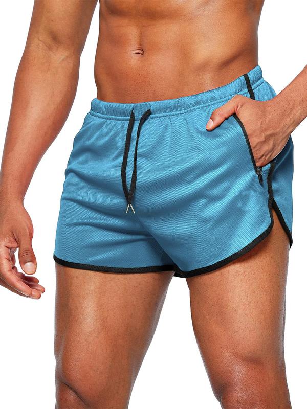 Men's Contrast Binding Drawstring Waist Track Shorts, Casual Zipper Design Pocket Elastic Waist Shorts for Summer, Breathable Men's Bottoms for Gym Workout Running, Summer Outfits 2024