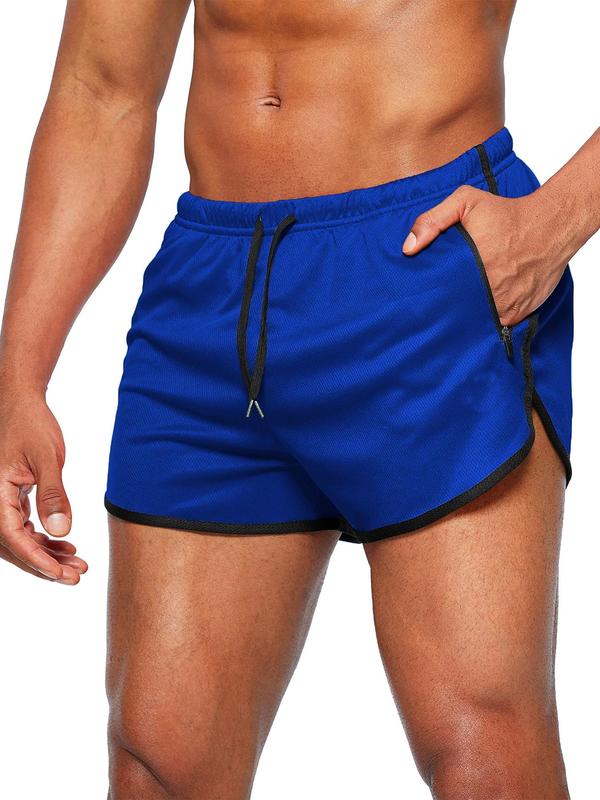 Men's Contrast Binding Drawstring Waist Track Shorts, Casual Zipper Design Pocket Elastic Waist Shorts for Summer, Breathable Men's Bottoms for Gym Workout Running, Summer Outfits 2024