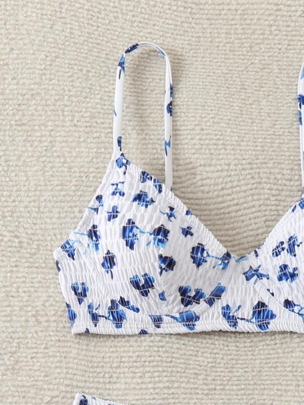 Women's Ditsy Floral Print Shirred Bikini Set, Boho Fashion Triangle Bra & Panty Swimwear Set for Beach Holiday Vacation, Ladies Summer Clothes